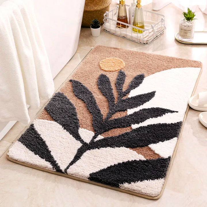 Decorative rug with leaf pattern on a light-colored floor