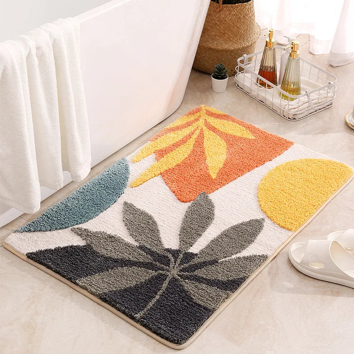 Decorative rug with colorful leaf patterns on a light-colored floor.
