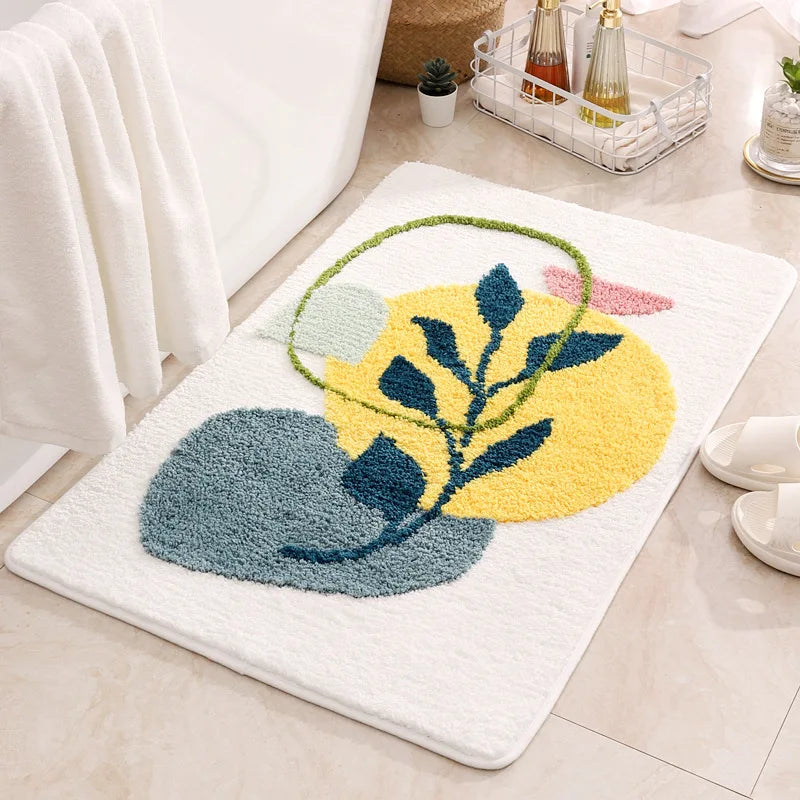 Decorative rug with floral design on a tiled floor