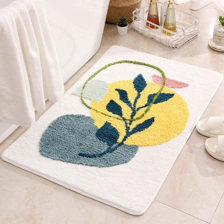 Decorative rug with floral design on a tiled floor