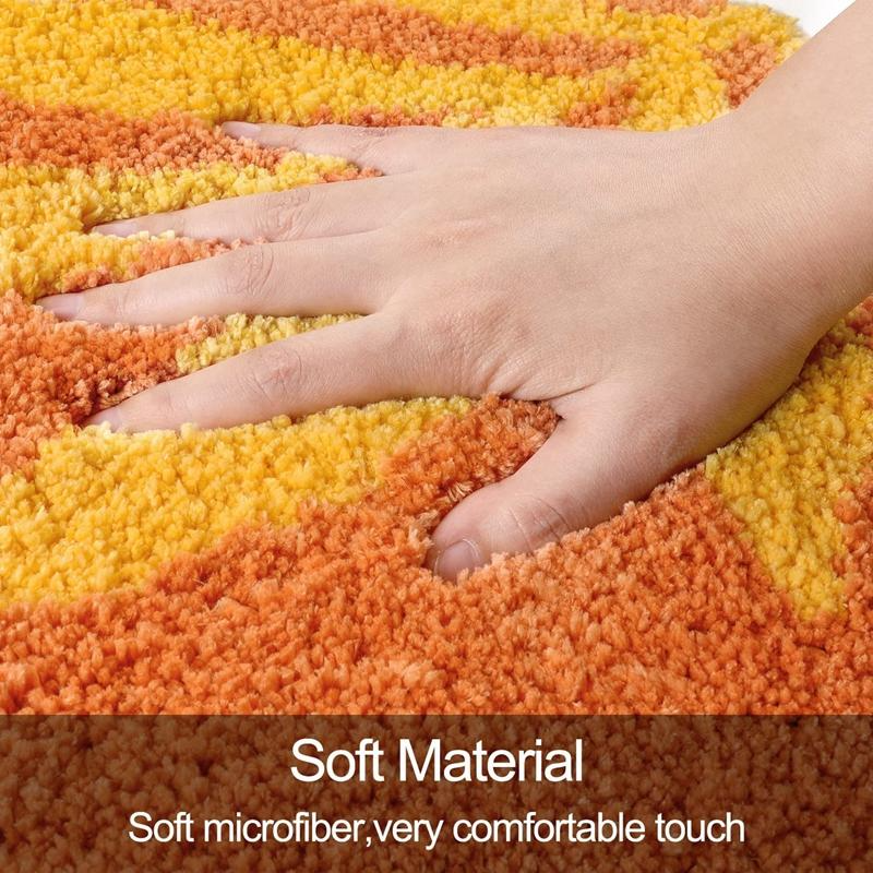 Hand touching a soft microfiber rug with text 'Soft Material' and 'Very comfortable touch'.