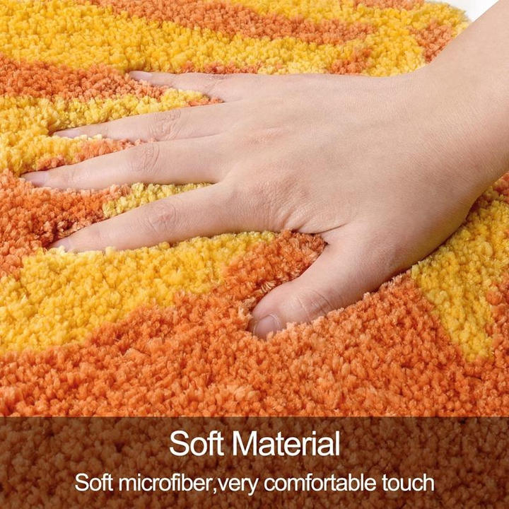 Hand touching a soft microfiber rug with text 'Soft Material' and 'Very comfortable touch'.