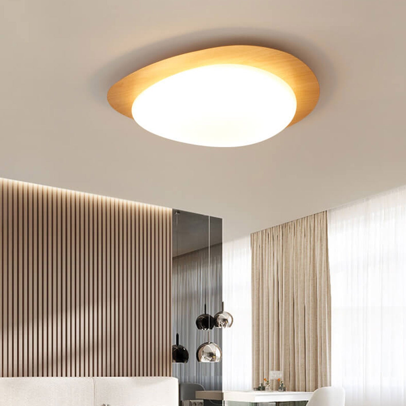 Pebble Shaped Wood Grain LED Flush Mount Ceiling Light 7