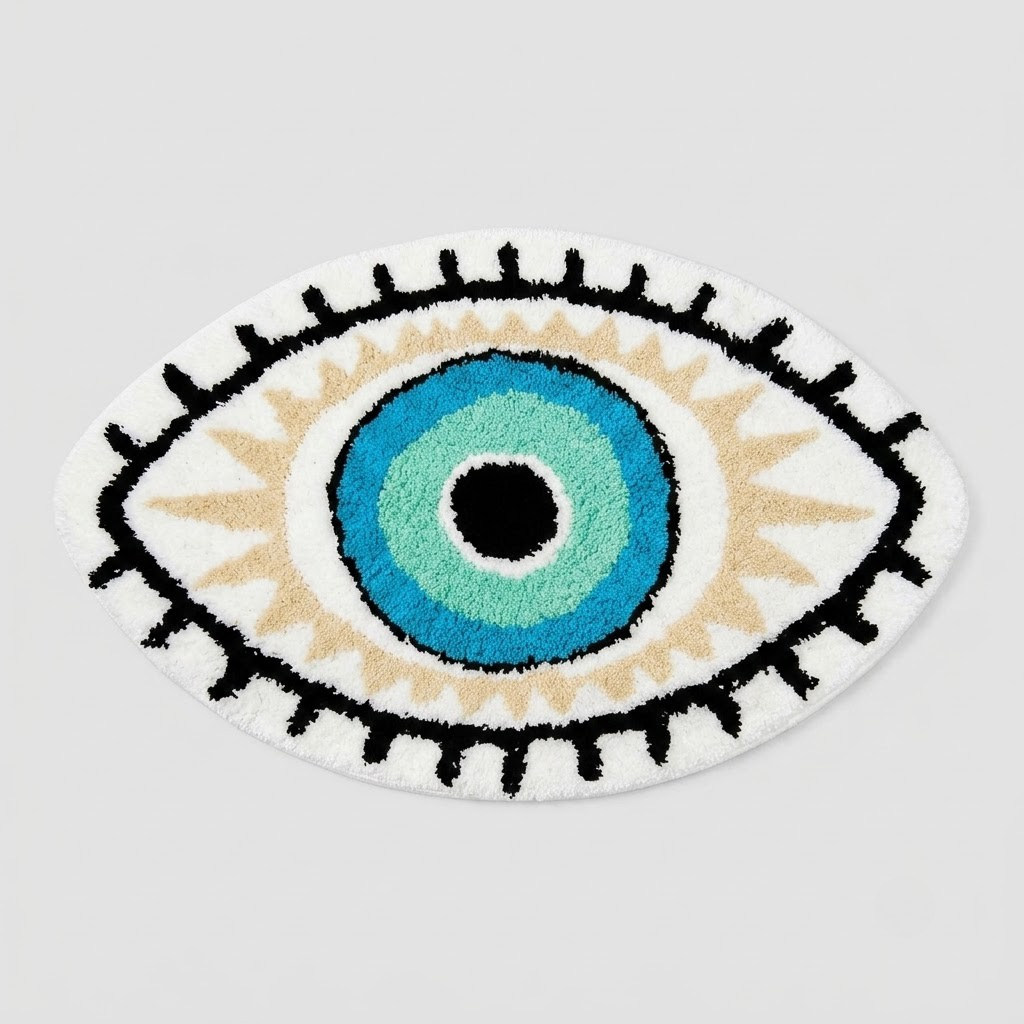 An oval-shaped white tufted rug featuring a stylized blue and black eye design with beige rays, shown on a neutral gray background.