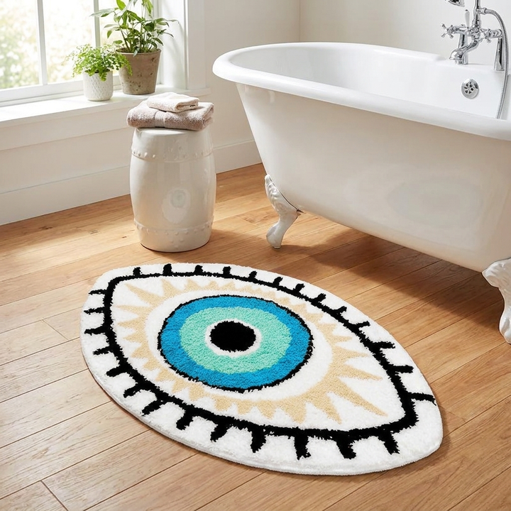 An oval bath mat with a stylized eye design in blue, green, black, and beige, placed on a wooden floor next to a white clawfoot bathtub in a bright bathroom.
