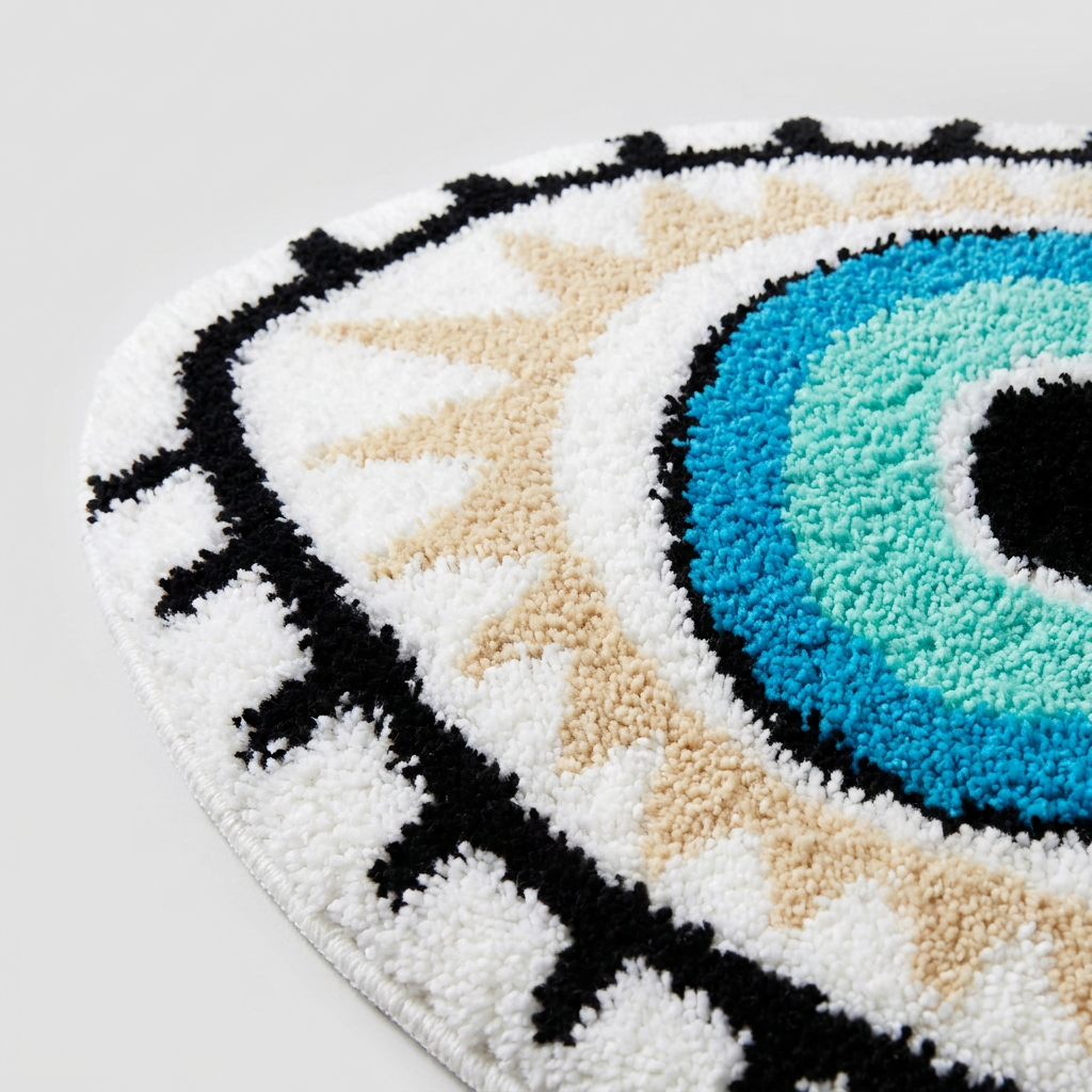 Close-up of a textured rug with an eye motif, featuring concentric circles in black, white, beige, turquoise, and light blue on a light gray background.