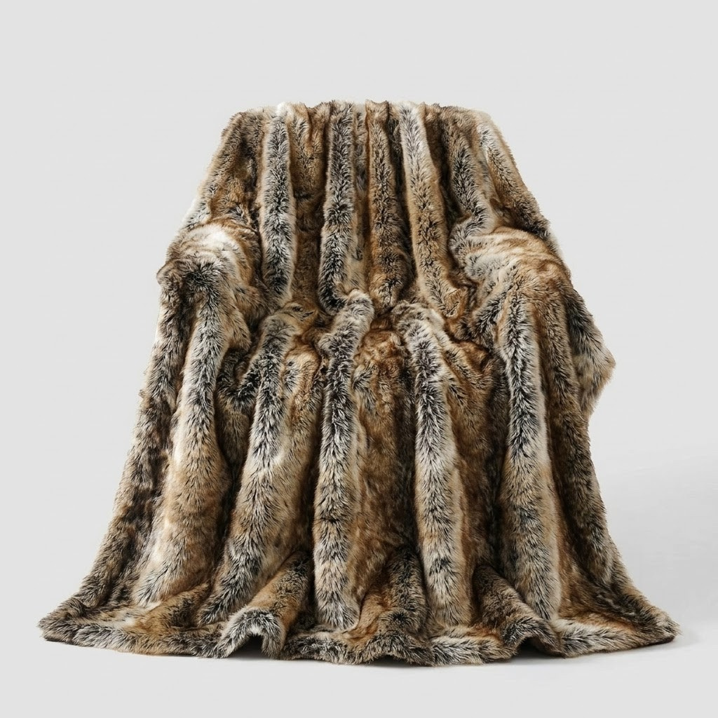 A plush faux fur throw blanket draped over a chair, showcasing a realistic brown, beige, and gray animal print pattern, set against a plain light gray background.