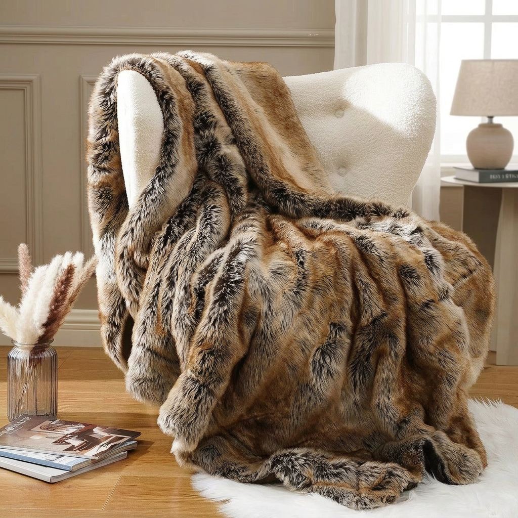 A plush faux-fur throw blanket with a mottled brown, beige, and black pattern draped over a cream tufted armchair in a softly lit living room.