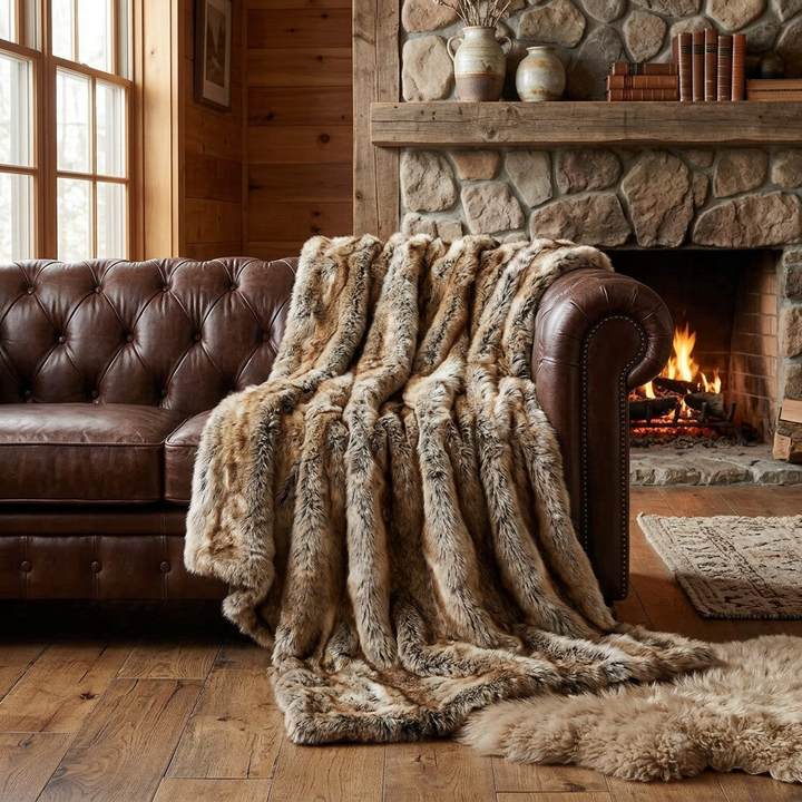 A plush faux fur throw blanket in beige, brown, and cream tones is draped over a brown leather tufted sofa in a rustic living room with a stone fireplace and wood floors.