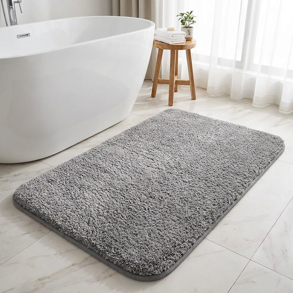 A rectangular gray bath mat with a plush, high-pile shag texture, shown on a light marble bathroom floor next to a white freestanding bathtub and a small wooden stool.