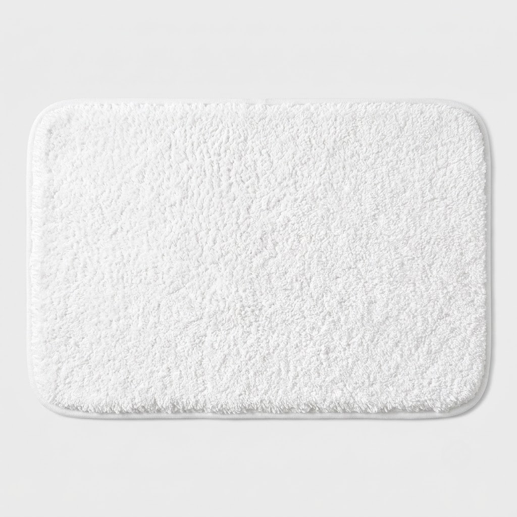 A rectangular white bath mat with rounded corners and a plush, textured surface, shown against a light gray background.