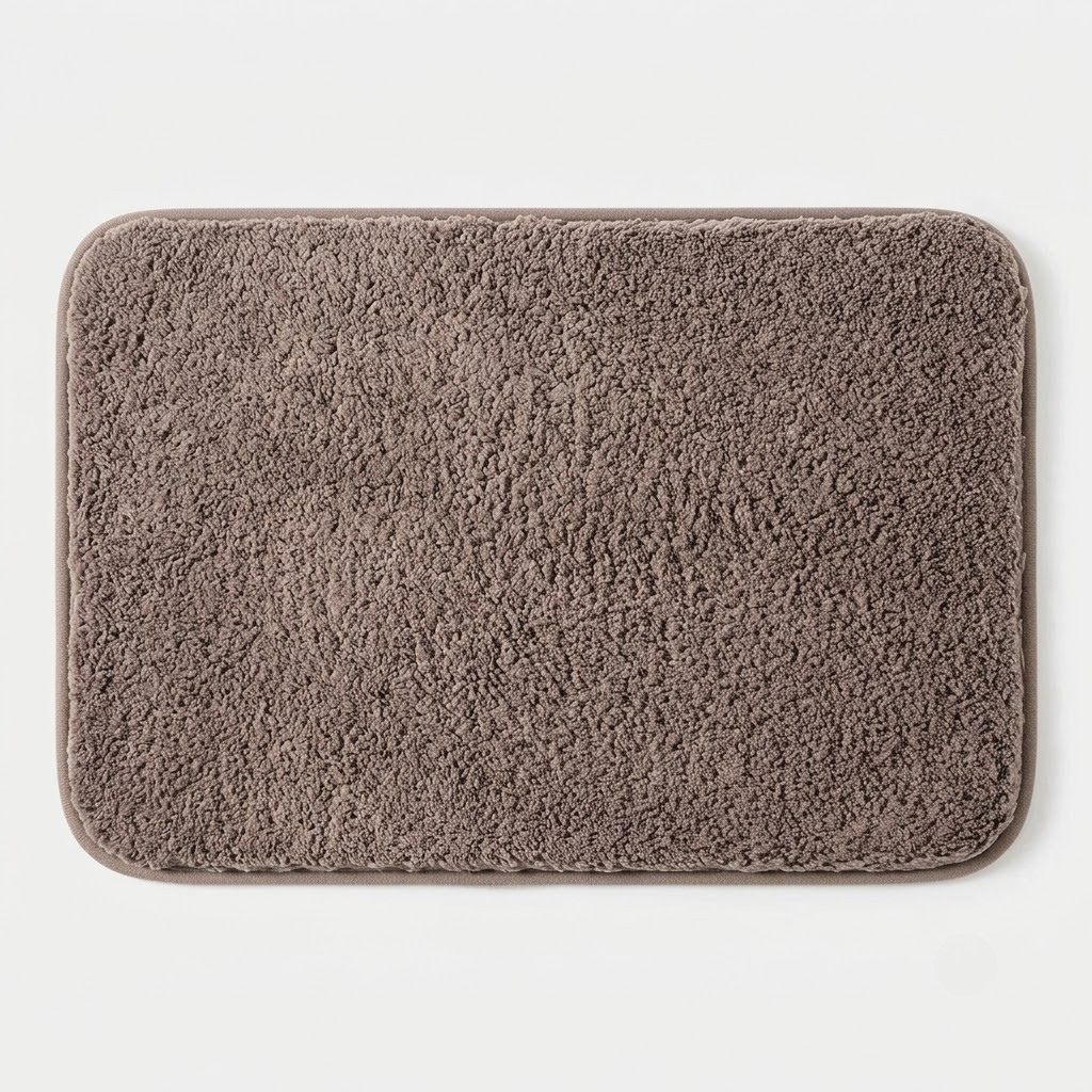 A rectangular bath mat with rounded corners in a textured, shaggy fabric, shown from a top-down view on a light gray background.
