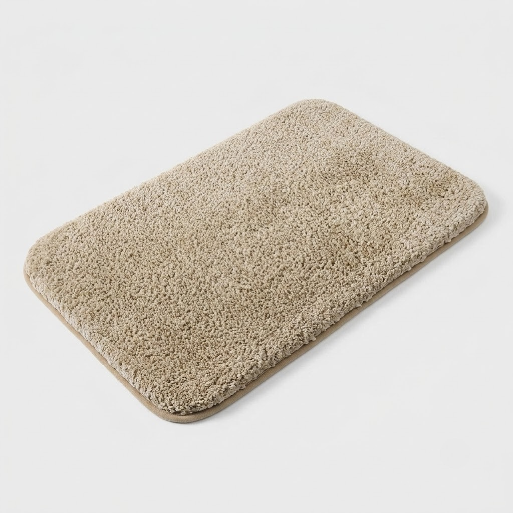 A rectangular beige bath mat with rounded corners and a shaggy, textured pile, shown at an angle on a light gray background.