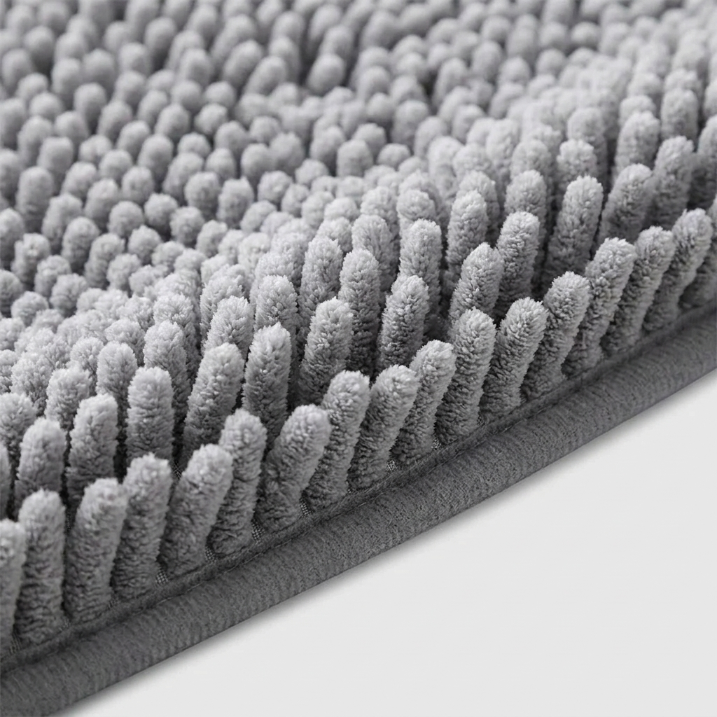 Close-up of a gray bath mat with a dense looped texture and a darker gray stitched edge, shown on a light gray background.