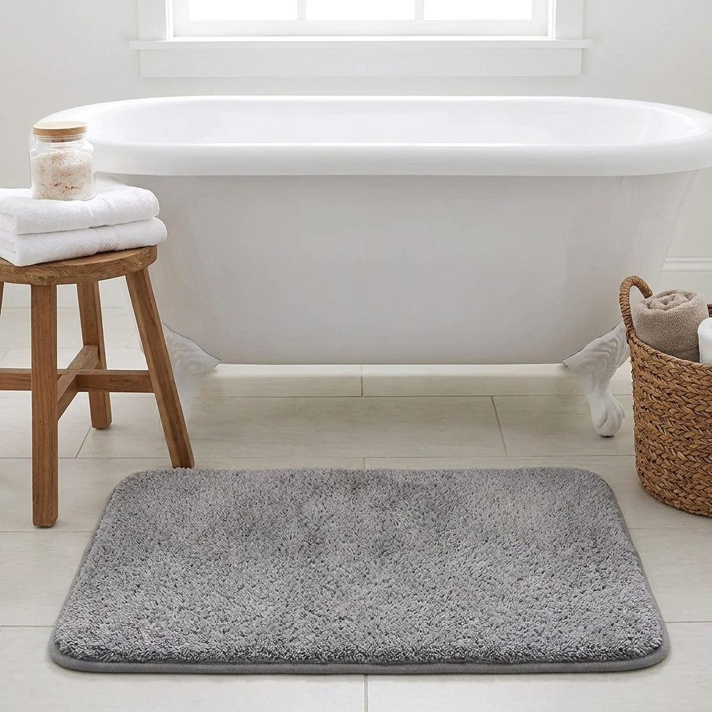 A gray rectangular bath mat with a shaggy texture lies on a light tile bathroom floor in front of a white freestanding bathtub. A small wooden stool with folded white towels and a woven basket with a rolled towel are nearby, and a window is visible in the background.