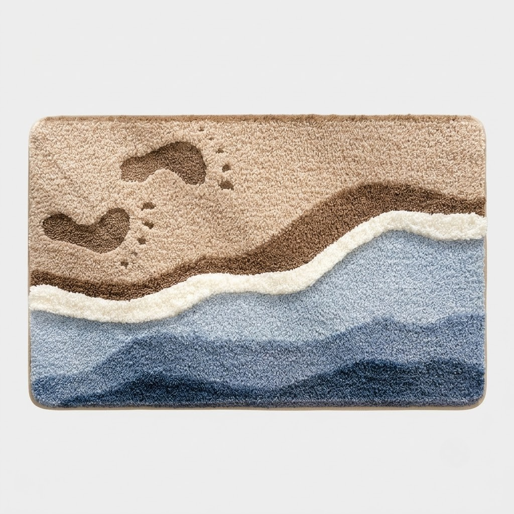 A rectangular bath mat with a textured beach scene design, featuring brown sand with footprints, a wavy brown shoreline, white foam, and layered blue ocean waves on a light gray background.