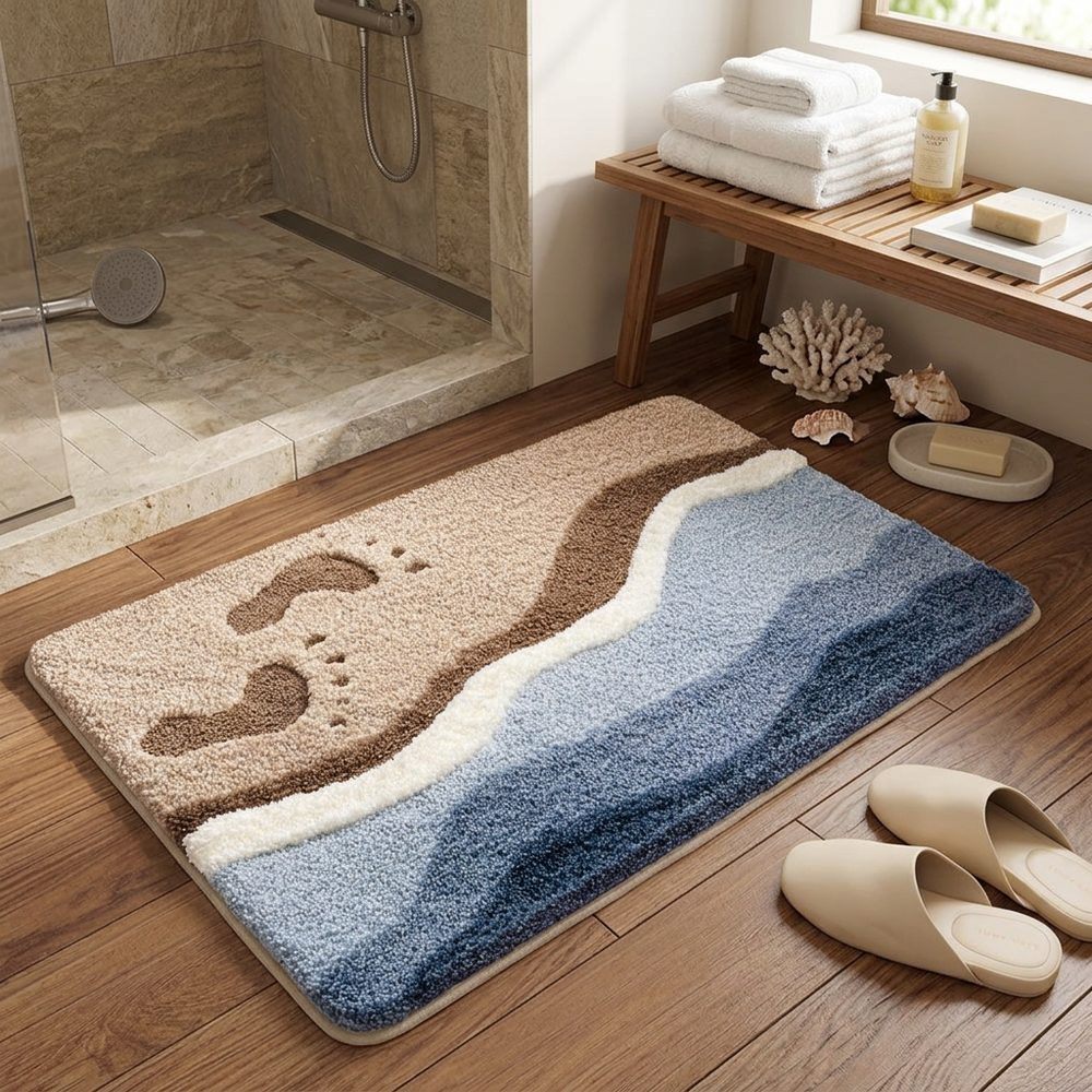 A rectangular bath mat with a beach wave design in beige, brown, white, and blue, shown on a wooden floor in a bathroom next to a shower area and a bench with folded towels.