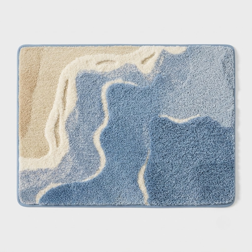 A rectangular plush bath mat with rounded corners featuring an abstract landscape design in shades of blue and beige, set against a light gray background.