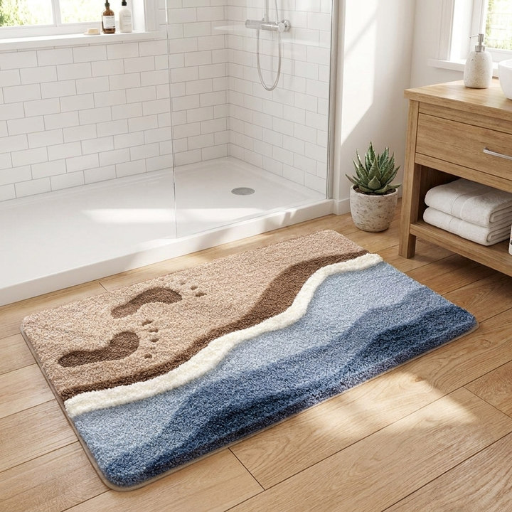 A rectangular bath mat with a beach wave design in shades of blue, beige, and white, placed on a light wood floor in a bright bathroom next to a shower and wooden cabinet.