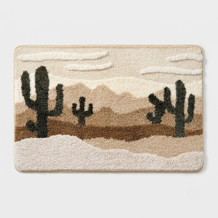 A rectangular textured bath mat featuring a desert landscape design with dark green saguaro cacti, layered tan and brown hills, and a cream-colored sky, shown against a light gray background.