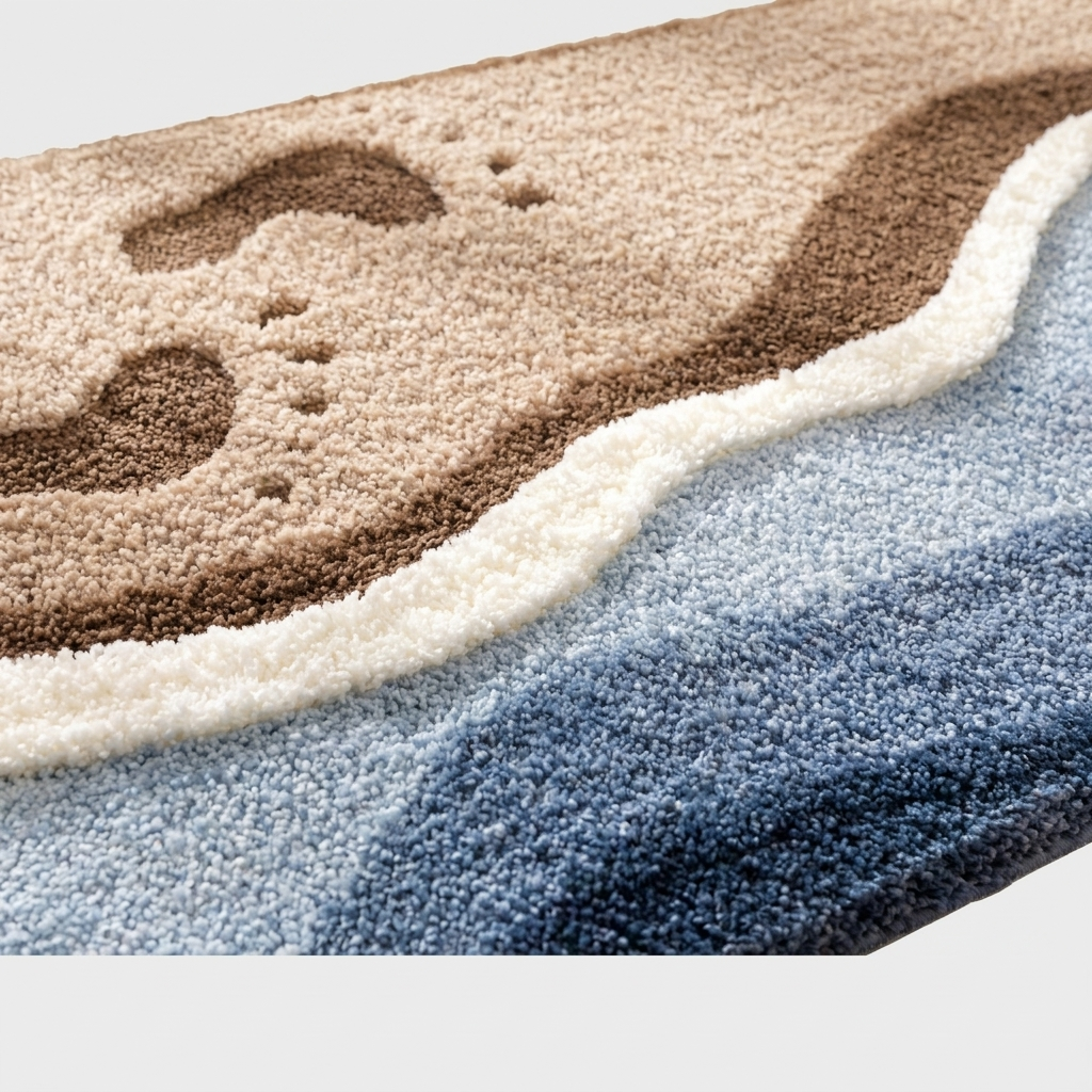 Close-up of a textured area rug with a layered design featuring a tan and brown footprints motif on top, a white wave-like border, and blue and gray lower sections.
