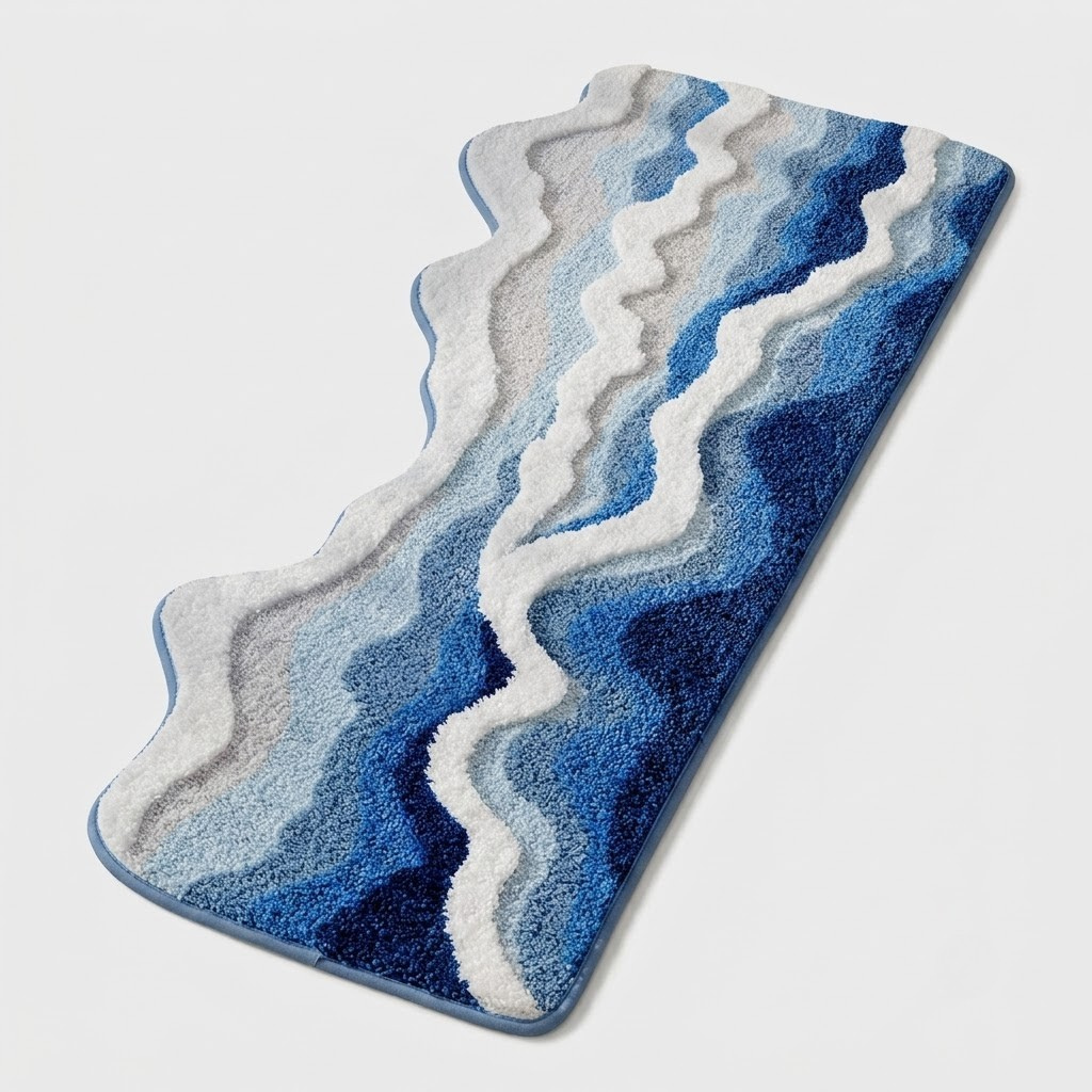 A bath mat with a wavy, mountain-like pattern in shades of blue, navy, and white, shown on a light gray background.