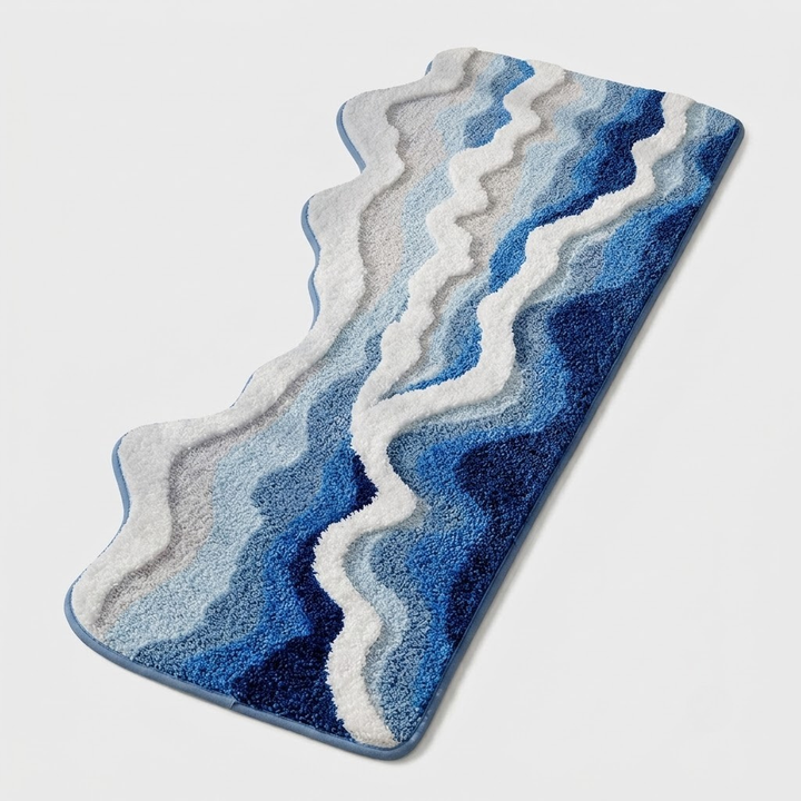 A bath mat with a wavy, mountain-like pattern in shades of blue, navy, and white, shown on a light gray background.