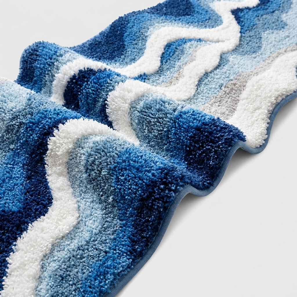 A close-up of a textured bath mat with a wavy, ocean-wave pattern in shades of blue, navy, white, and light gray, shown on a light gray background.