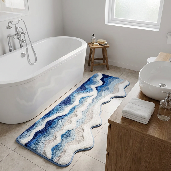 A bath mat with a wavy ocean wave pattern in shades of blue, navy, and white, styled on a beige tiled bathroom floor next to a white freestanding bathtub.