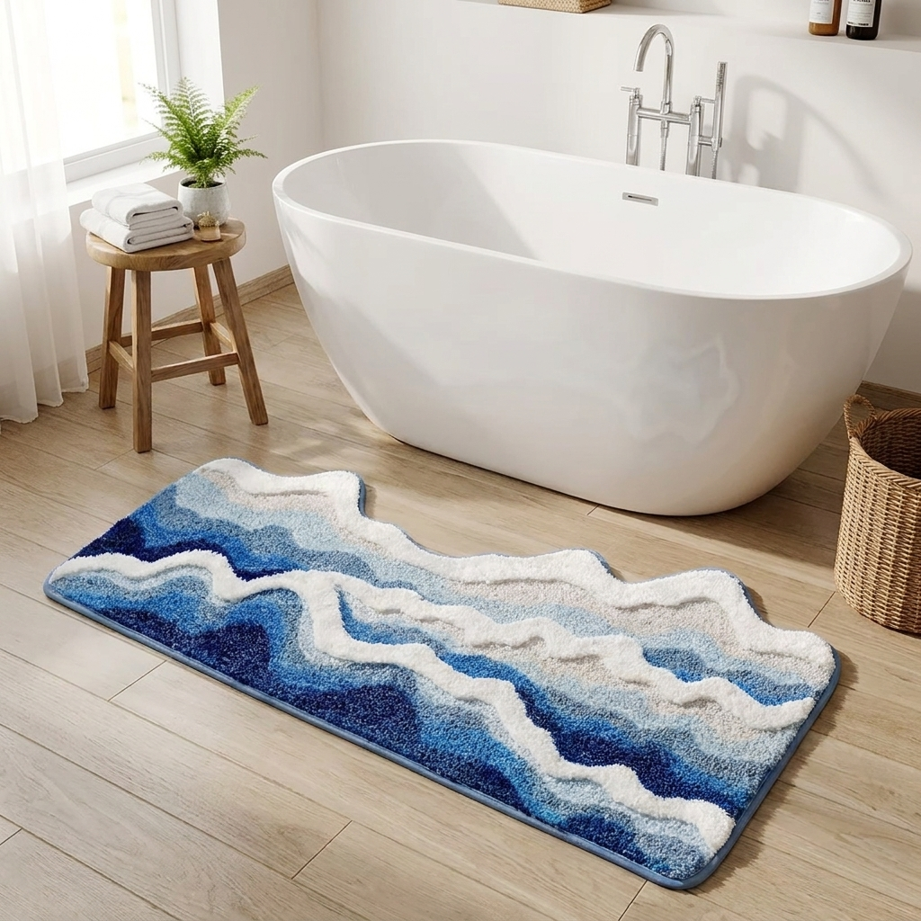 A rectangular bath mat with a blue and white wavy mountain or wave pattern, placed on a light wood floor in front of a white freestanding bathtub in a bright bathroom setting.