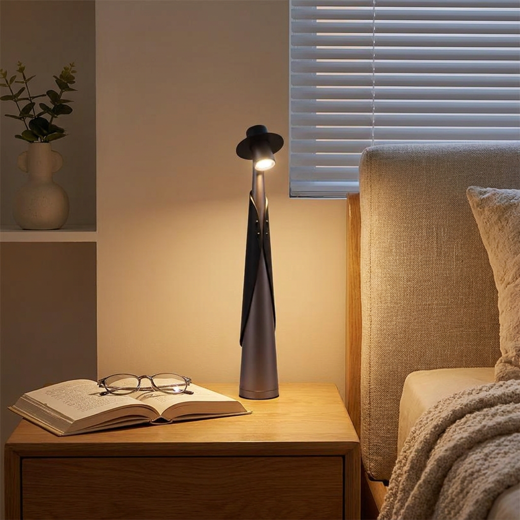 A modern black and gray sculptural table lamp with a built-in spotlight, styled on a wooden bedside table next to an open book and glasses, with a bed and window blinds in the background.
