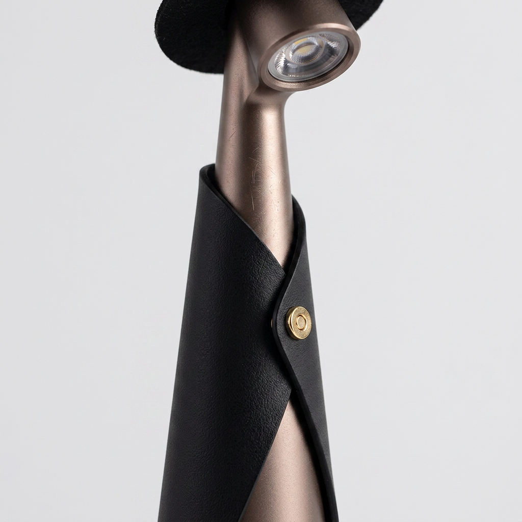 Close-up of a modern umbrella handle featuring a metallic bronze-finished stem, a black leather sleeve with a gold snap button, and a black fabric top cover.
