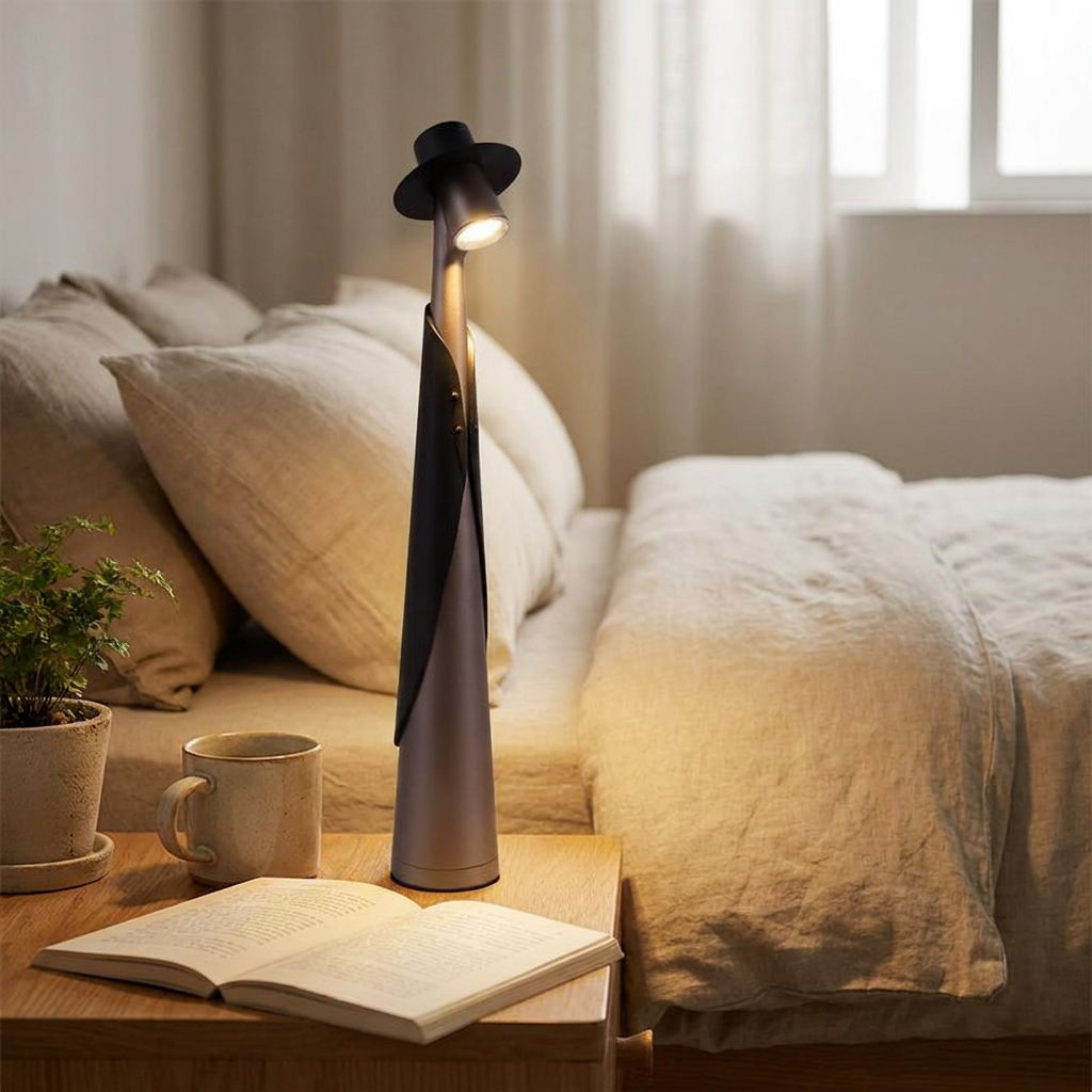 A modern floor lamp with a slim metallic body and a black hat-shaped shade stands on a wooden bedside table in a softly lit bedroom. An open book, a mug, and a small plant are nearby, with a bed in the background.