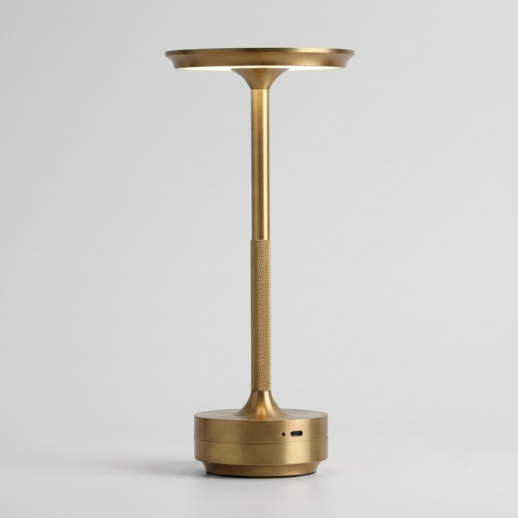 A modern, minimalist table lamp with a brushed gold finish, featuring a circular top tray, a slim textured stem, and a round charging base, set against a clean light gray background.