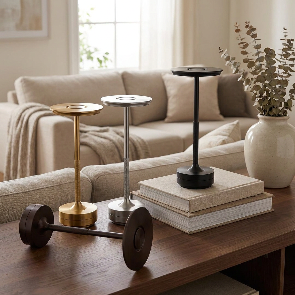 Three modern minimalist table lamps in gold, silver, and matte black finishes displayed on a wooden coffee table in a cozy living room setting.