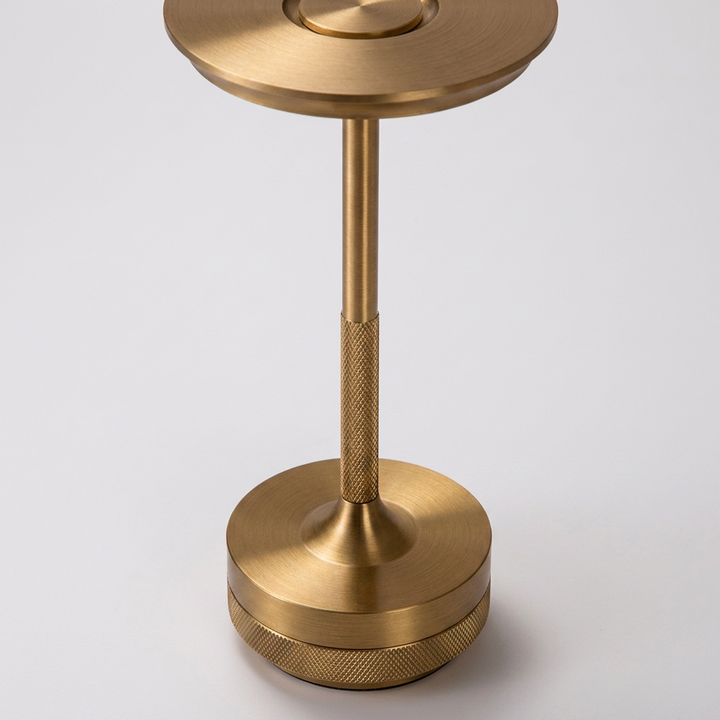 A brushed brass or gold-finished metal stand with a circular top platform, a textured central stem, and a wide round base, photographed on a clean light gray studio background.