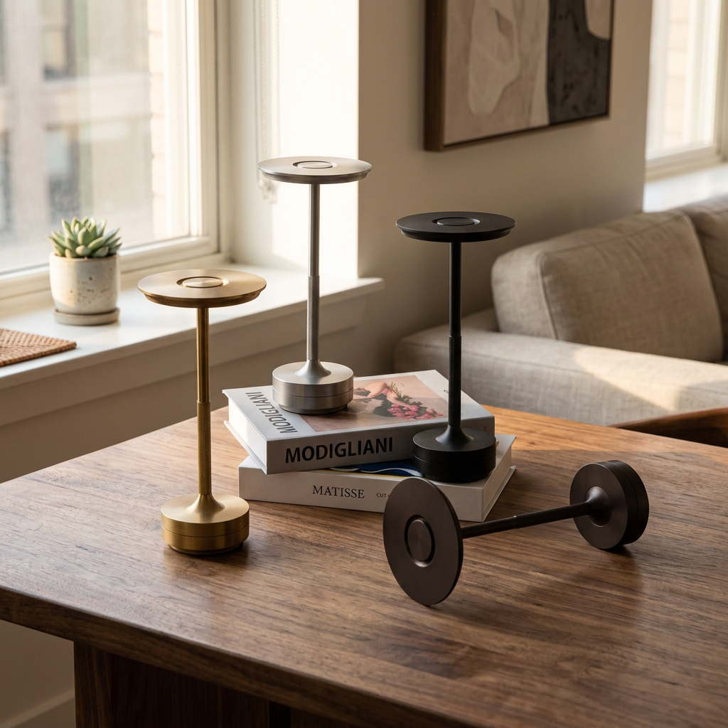 Three modern table lamps in gold, silver, and matte black finishes arranged on a wooden table in a bright living room setting.