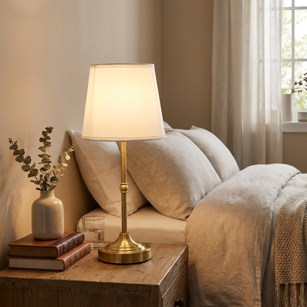 A table lamp with a warm white fabric drum shade and a polished brass base sits on a wooden bedside table next to a bed with beige linens in a softly lit bedroom.