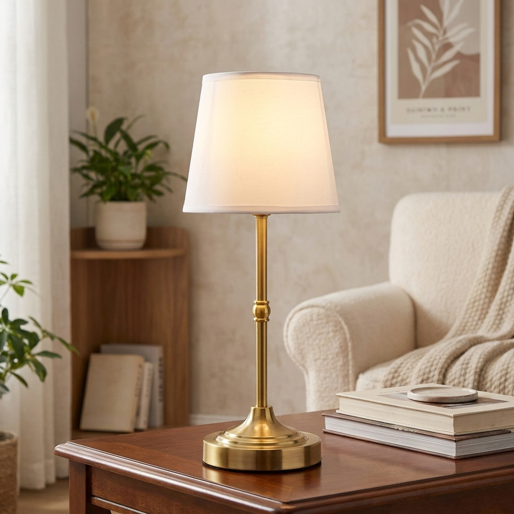 A table lamp with a warm white fabric drum shade and a polished brass base sits on a wooden side table in a cozy living room setting.