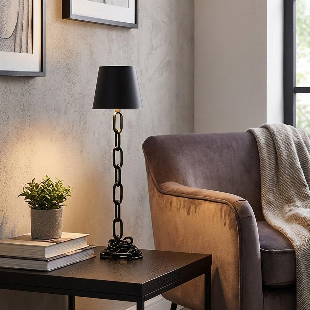 A black table lamp with a chain-link style base stands on a dark wood side table next to a brown armchair in a styled living room setting.