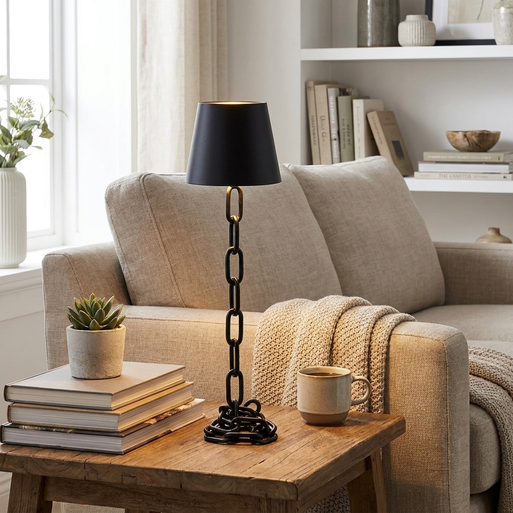 A black table lamp with a chain-link style base and a tapered black shade sits on a wooden side table in a cozy living room setting next to a beige sofa.
