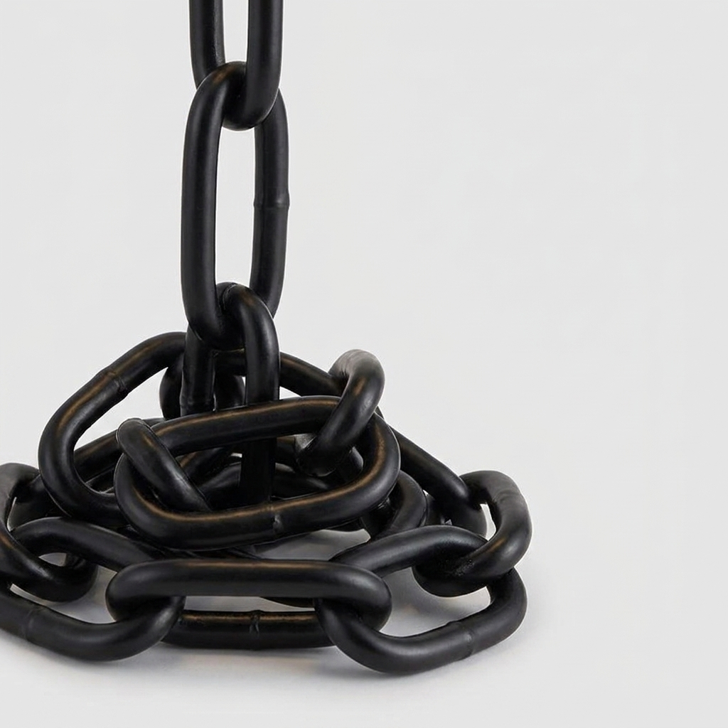 A close-up of a coiled black metal chain with thick interlocking links on a light gray background.