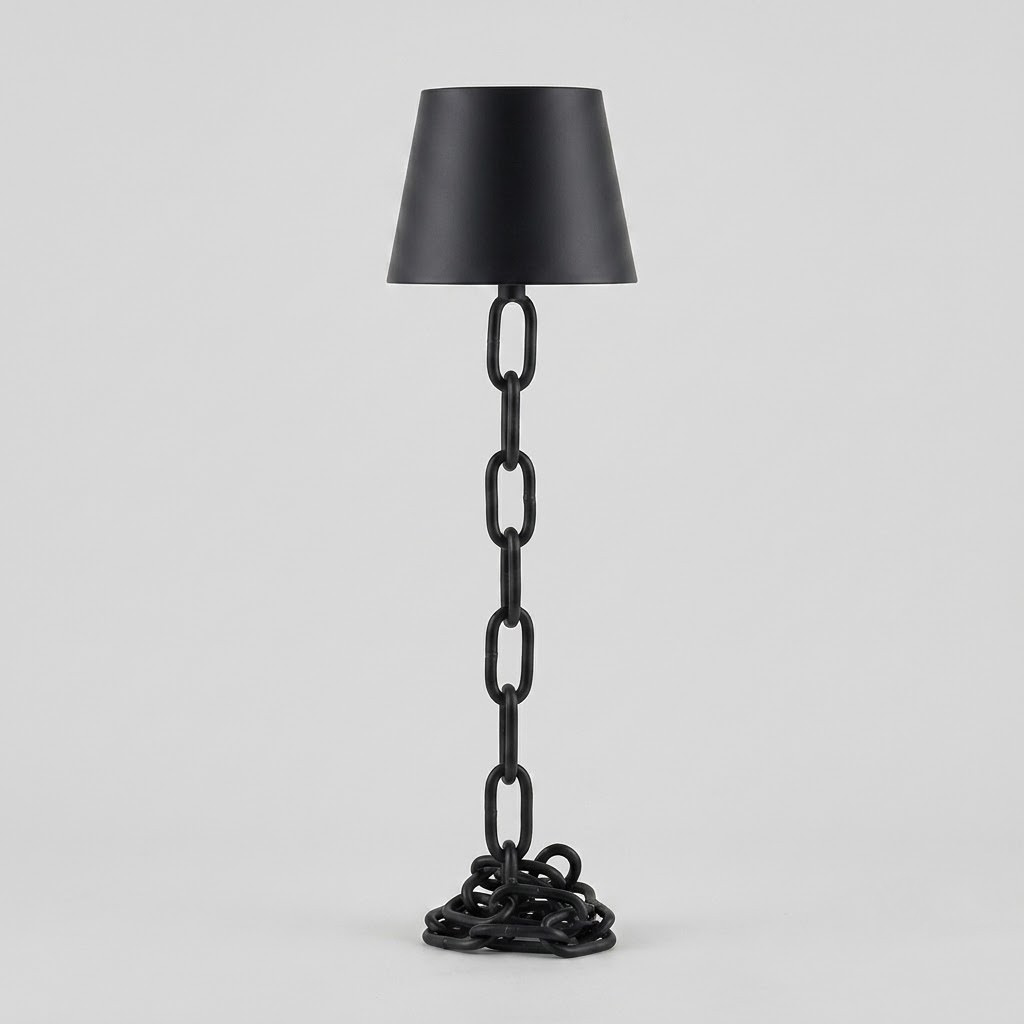 A black floor lamp with a tapered lampshade and a sculptural base made of interlocking chain links, photographed against a light gray studio background.