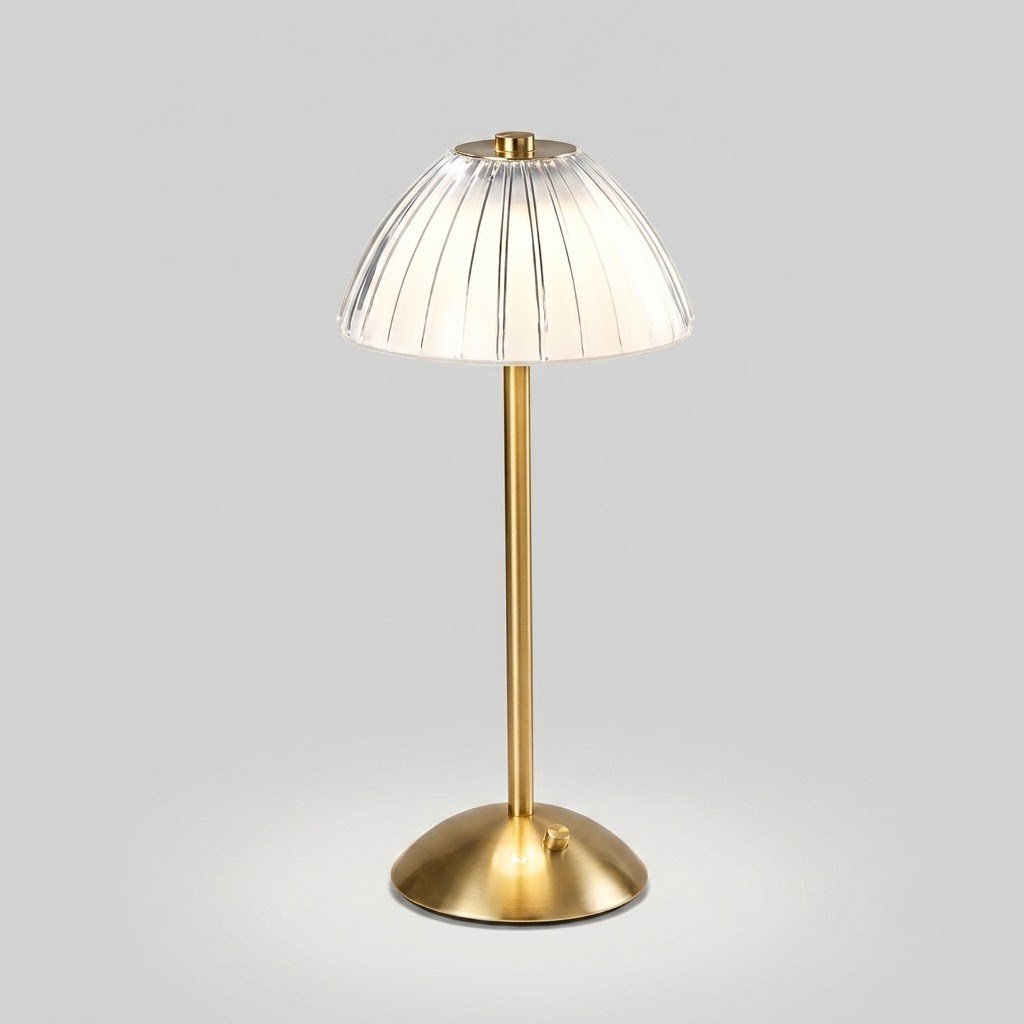 A modern table lamp with a brushed gold metal stand and a pleated white glass shade, shown against a neutral light gray background.