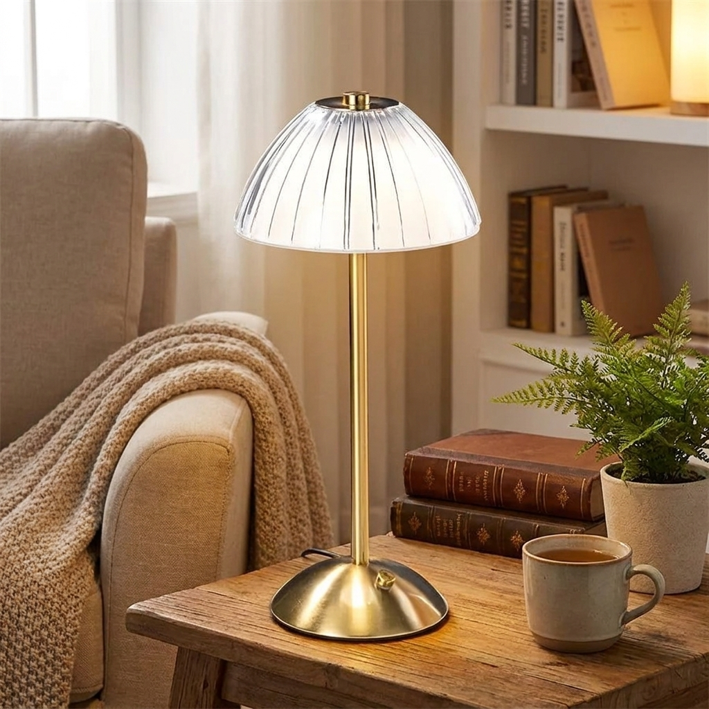 A modern table lamp with a ribbed clear glass shade and a brushed gold metal base, illuminated on a wooden side table in a cozy living room setting.