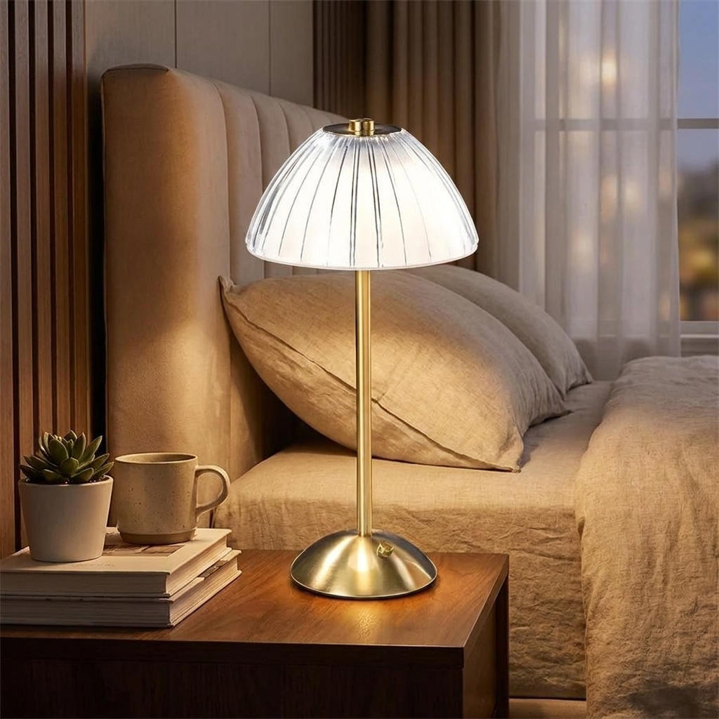 A table lamp with a ribbed white glass shade and a brushed brass stand sits on a wooden bedside table next to a bed in a warmly lit bedroom.