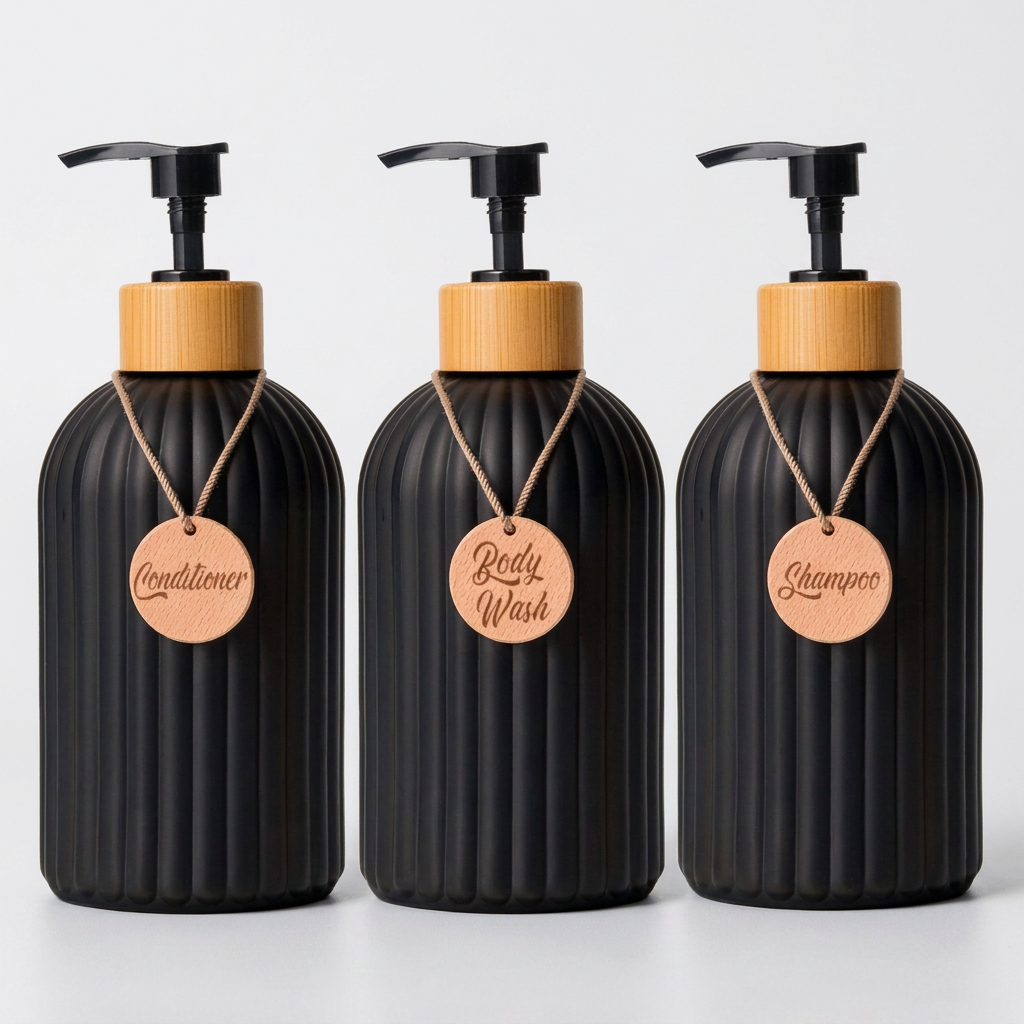 Three ribbed black pump bottles with light wood caps, arranged side by side on a white surface against a light gray background. Each bottle has a hanging wooden tag labeled Conditioner, Body Wash, and Shampoo.