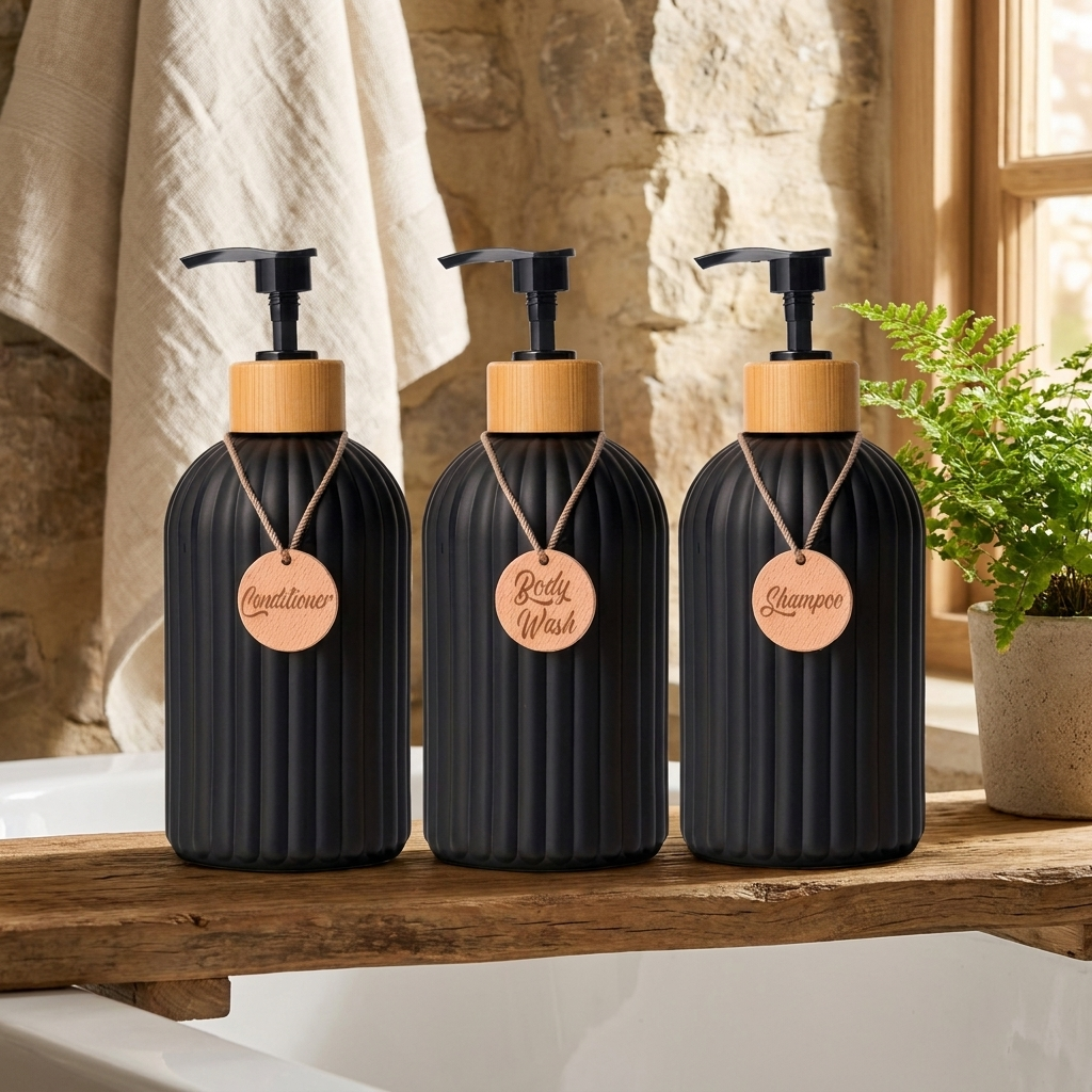 Three ribbed black pump bottles with light wood caps and hanging round tags reading Conditioner, Body Wash, and Shampoo, displayed on a wooden shelf in a bathroom setting.