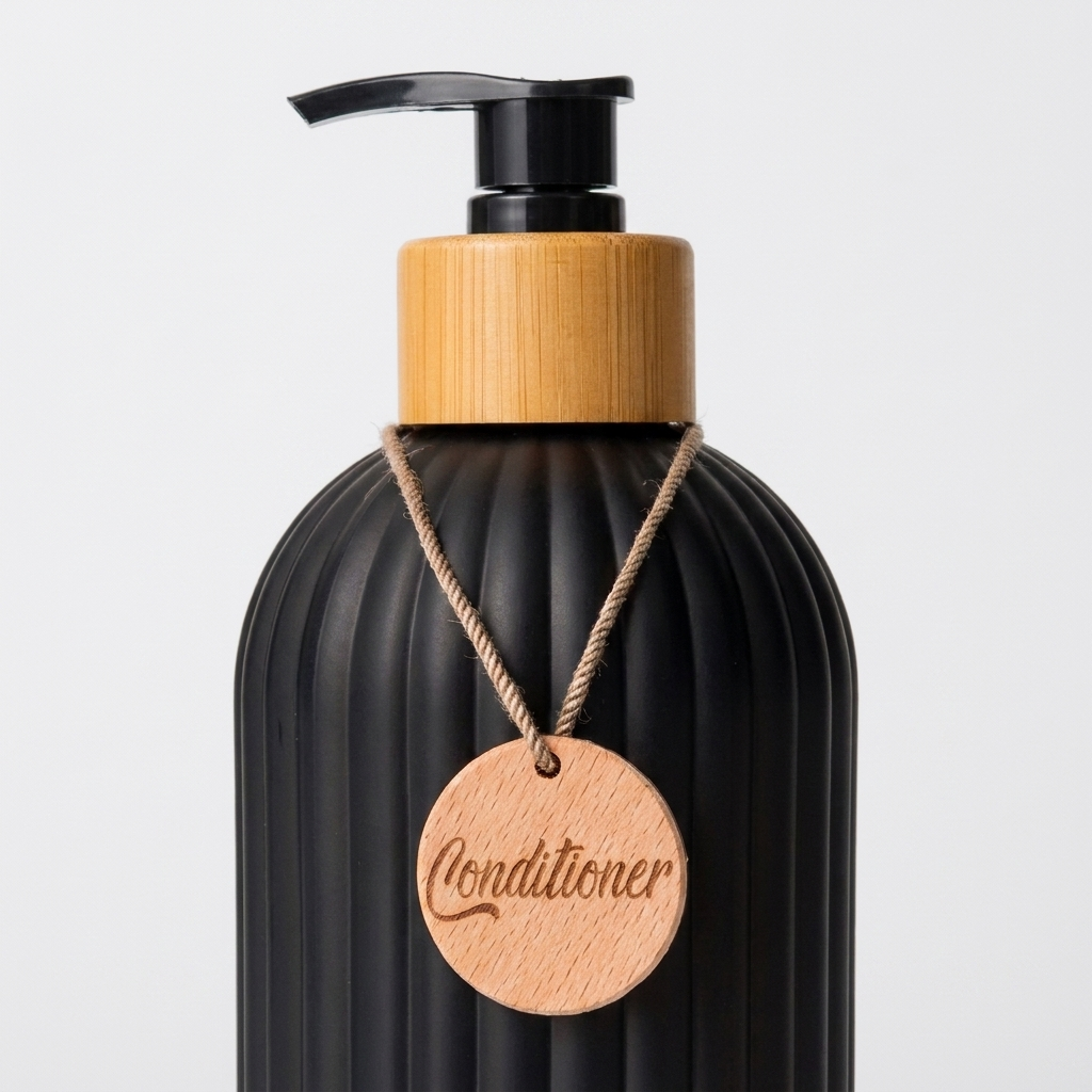A ribbed black pump bottle with a natural bamboo pump collar and a hanging wooden tag engraved with the word 'Conditioner', shown on a light gray background.