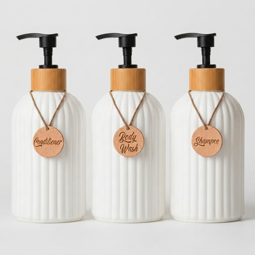Three white ribbed pump bottles with bamboo caps and black dispensers, arranged side by side on a light gray background. Each bottle has a small round wooden tag hanging from a string, labeled Conditioner, Body Wash, and Shampoo.